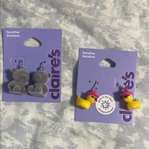 Claire's Gray Bear and Yellow Duck Earrings Set